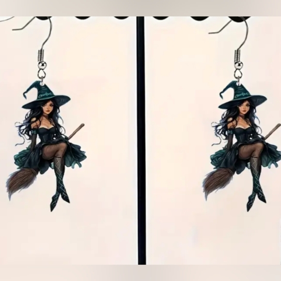 Flying Witch Gothic Mystical Fantasy Dangle Pierced Earrings French Wires - Picture 1 of 4